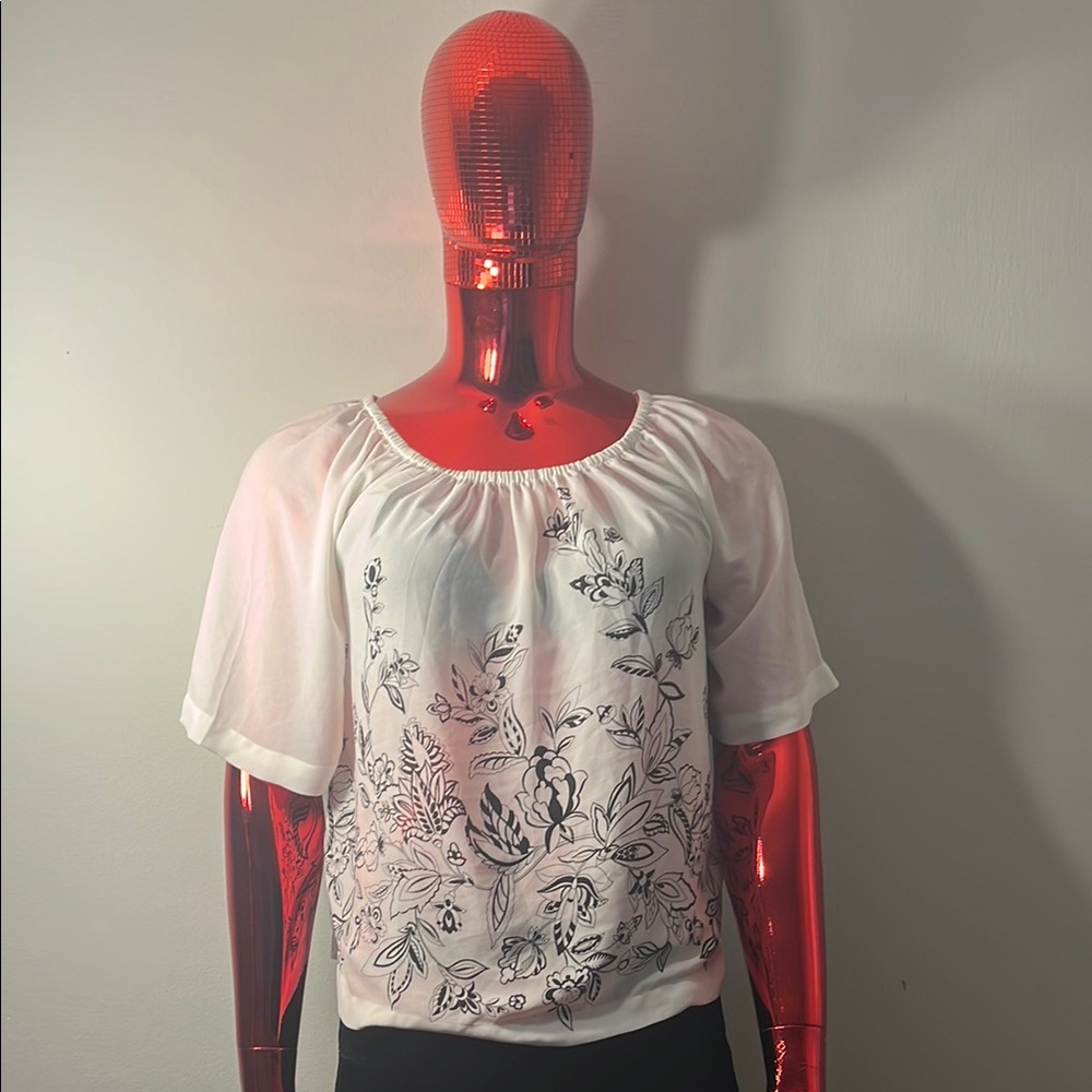 LOFT Black and White Relaxed Embellished Blouse
